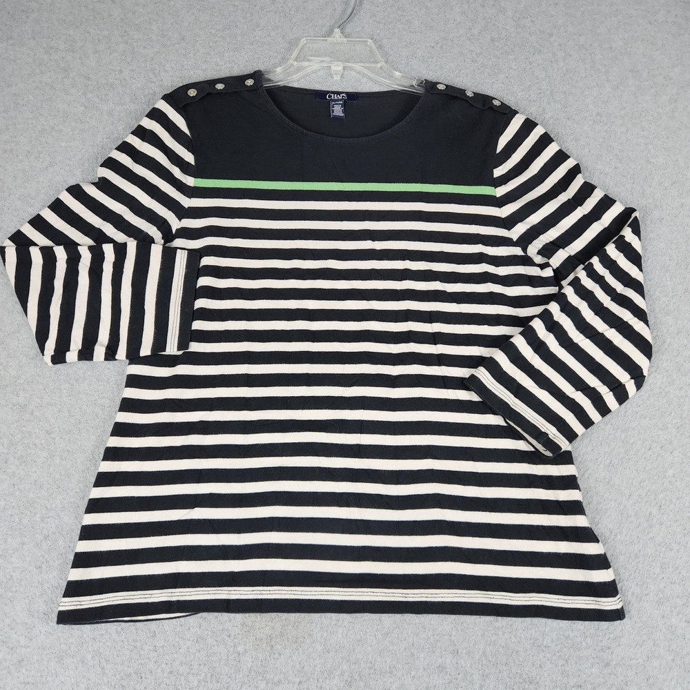 Chaps Top Womens XL Black White Striped Nautical Long Sleeve Button Shoulder